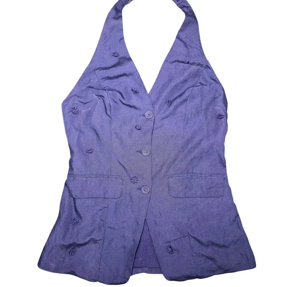 Maeve Linen Blend Halter Vest Size Small Navy Blue Anthropologie Linen Summer - Picture 5 of 15